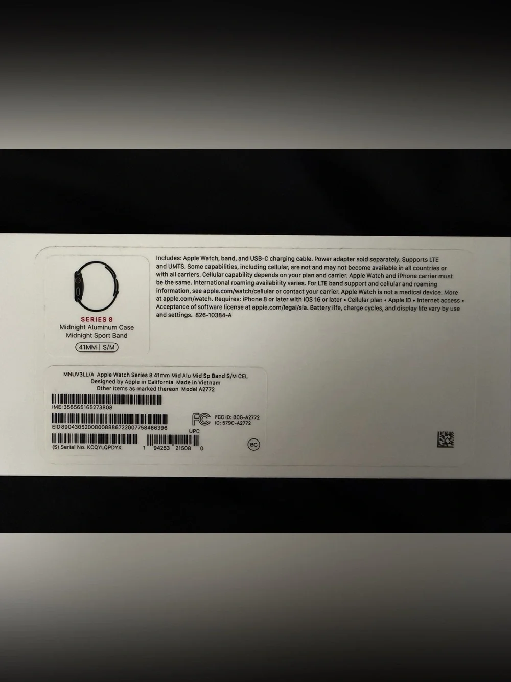 BRAND NEW Apple Watch Series 8 41mm Midnight Aluminum, Sport Band S/M, Cellular